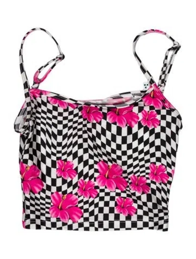 Pre-owned Frankies Bikinis Plaid Print Top In White