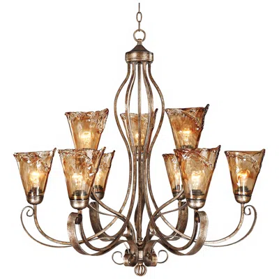 Franklin Iron Works Amber Scroll 35 1/2" Wide Art Glass Chandelier