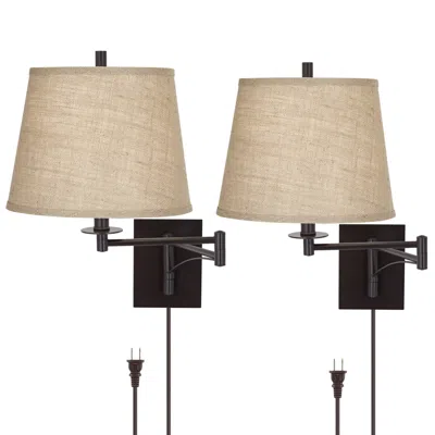 Franklin Iron Works Brinly Burlap Plug-in Swing Arm Wall Lamps Set Of 2
