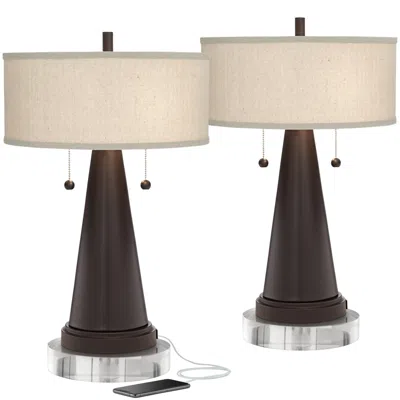 Franklin Iron Works Bronze Usb Table Lamps With With Round Risers