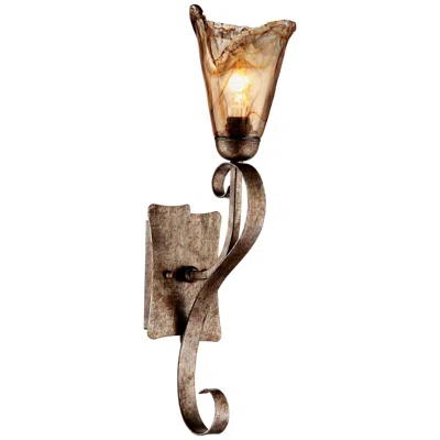 Franklin Iron Works Franklin Iron Amber Scroll 23 1/2" High Glass And Bronze Wall Sconce