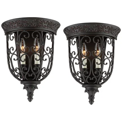 Franklin Iron Works Franklin Iron French Scroll 14 1/4" Rubbed Bronze Wall Sconces Set