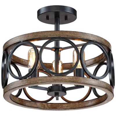 Franklin Iron Works Franklin Iron Salima 16" Black And Wood 3-light Led Ceiling Light