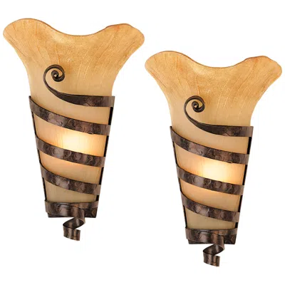 Franklin Iron Works Franklin Iron Solara 14" Iron Scroll Scavo Glass Wall Sconces Set Of 2