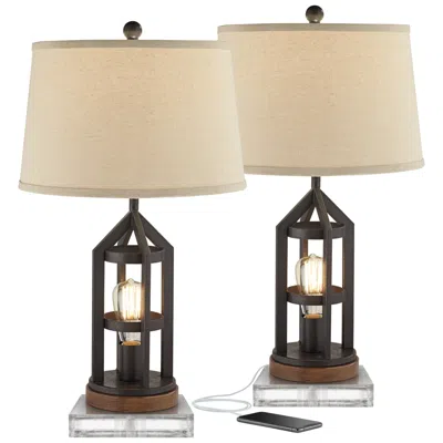 Franklin Iron Works Lucas Bronze Night Light Usb Table Lamps With 8" Square Risers