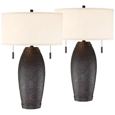 Franklin Iron Works Noah Rustic Vase Hammered Bronze Pull Chain Lamps Set Of 2