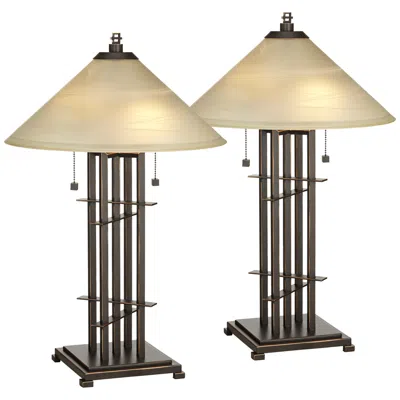 Franklin Iron Works Planes 'n' Posts Art Glass Table Lamps Set Of 2