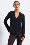 Franne Golde Luxe Stretch Long Sleeve V-neck Top In Black