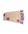 Frantic Beige Knitted Scarf With Floral Appliqués And Vibrant Fringes In Multi