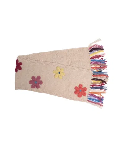 Frantic Beige Knitted Scarf With Floral Appliqués And Vibrant Fringes In Multi