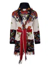 Frantic Multicolored Knit Cardigan With Fringe And Oversized Shawl Collar In White