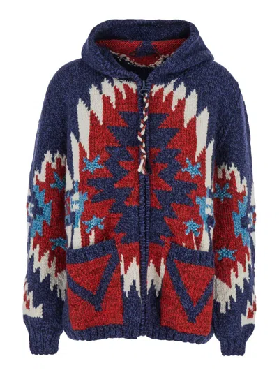 FRANTIC MULTICOLOR CARDIGAN WITH SPREAD COLLAR AND ALL-OVER GEOMETRIC MOTIF