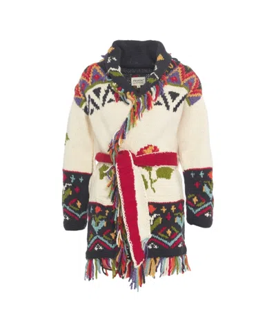 FRANTIC MULTICOLORED KNIT CARDIGAN WITH FRINGE AND OVERSIZED SHAWL COLLAR