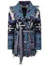 Frantic Venezia Fringed Belted Cardigan In Blue