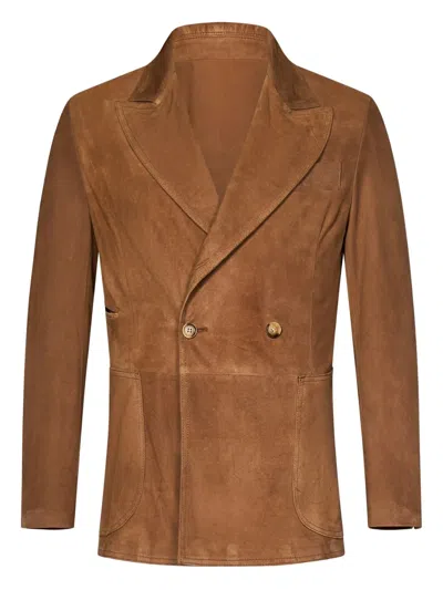 Franzese Collection Double-breasted Peak-lapel Suede Jacket In Brown
