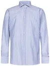 Franzese Collection Vertical Stripe Shirt In Clear Blue Cotton-linen Blend In Blue