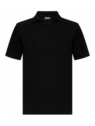 Franzese Collection Linen And Cotton Knit Polo Shirt In Black