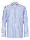 Franzese Collection Vertical Stripe Shirt In Clear Blue Cotton-linen Blend In Blue