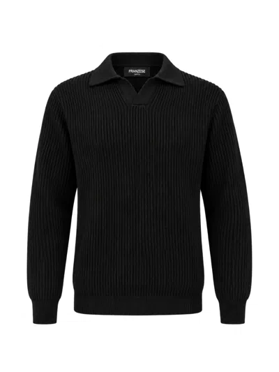 Franzese Collection Steve Mcqueen Ribbed-knit Pointed-collar V-neck Sweater In Black