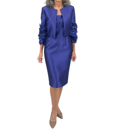 Frascara Floral Appliqué Jacket And Dress Set In Amethyst In Blue