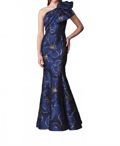 Frascara One Shoulder Fitted Mother Of The Bride Gown In Navy/gold In Blue