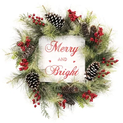Fraser Farm Hill Fhf 26" Red Berry/pinecone Frosted Pvc Wreath, Wood Merry Christmas Sign In Multi