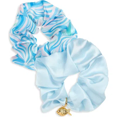 Frasier Sterling Assorted 2-pack Deep Sea Satin Scrunchie Set With Crystal Embellished Fish Charm In Blue