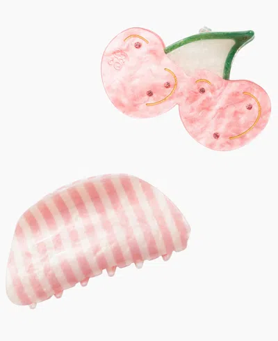 Frasier Sterling Cherry And Stripe Claw Clip, 2-piece Set In Pink