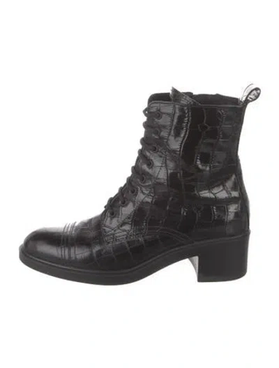 Pre-owned Fratelli Rossetti Embossed Leather Animal Print Combat Boots In Black