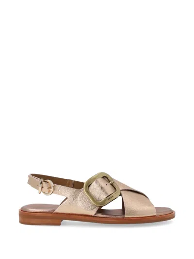 Frau Buckled Laminated-finish Sandals In Neutral