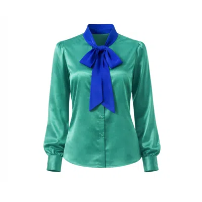 Freak Vault Women's Green / Blue Emerald Pussy Bow Satin Blouse In Multi
