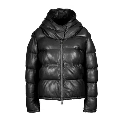 Freaky Nation Women's Black Leather Puffer Jacket With Hood
