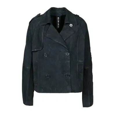 Freaky Nation Women's Blue Goat Suede Vintage Trench Leather Jacket Navy