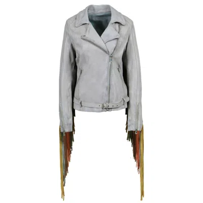 Freaky Nation Women's Grey Leather Biker Jacket Fringes In Gray
