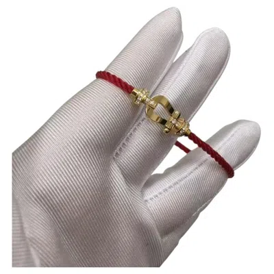 Pre-owned Fred Force 10 Diamonds 18k Yellow Gold Red Woven Cable Medium Bracelet Size 15