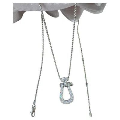 Pre-owned Fred Force 10 Large Model Necklace, 18k White Gold Fully Paved With Diamonds