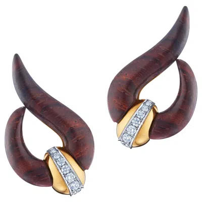 Pre-owned Fred Leighton 18 Karat Gold Cocobolo Wood And Diamond Wave Earrings Signed  In Multi