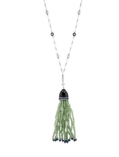 Pre-owned Fred Leighton 18k Nephrite, Sapphire & Diamond Tassel Pendant Necklace, 32.25" In Multicolor
