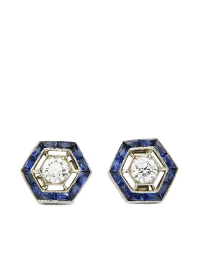 Fred Leighton 18k White Gold Sapphire Halo Hexagon Earrings In Blue