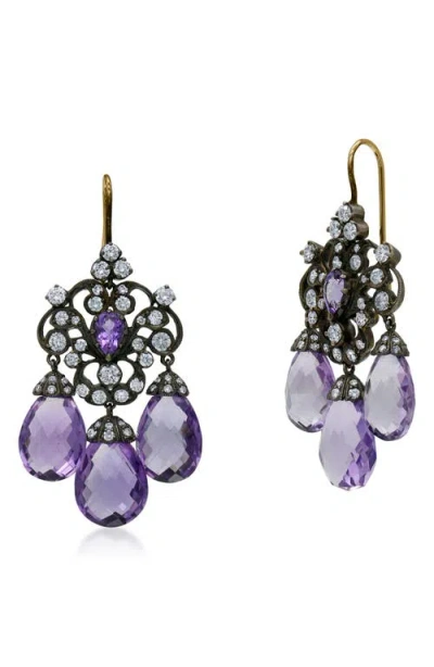Fred Leighton Amethyst & Diamond 3-drop Chandelier Earrings In Gold