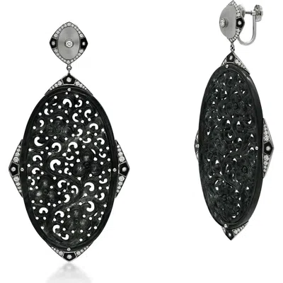 Fred Leighton Carved Black Jade & Diamond Pendant Drop Earrings In White Gold