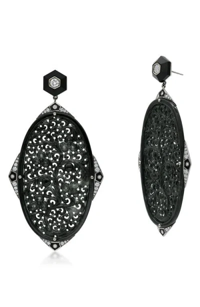 Fred Leighton Carved Black Jade & Diamond Pendant Drop Earrings In White Gold