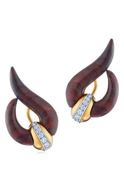 Fred Leighton Carved Cocobolo Wood & Diamond Loop Earrings In Yellow Gold