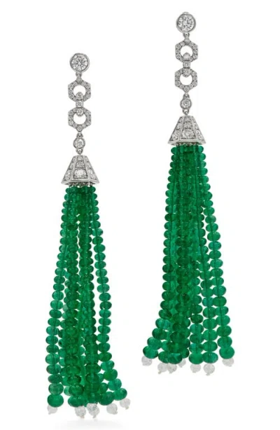Fred Leighton Emerald Bead & Diamond Drop Earrings In White Gold
