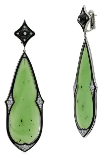 Fred Leighton Green Nephrite, Black Jade & Diamond Drop Earrings In White Gold