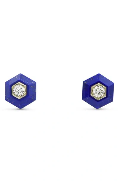 Fred Leighton Hexagonal Lapis & Diamond Stud Earrings In White Gold