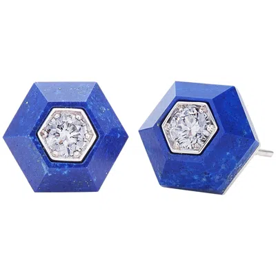 Pre-owned Fred Leighton Lapis And Diamond Hexagonal Stud Earrings In Multiple