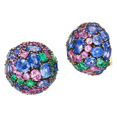 Pre-owned Fred Leighton Multi-color Bombé Sapphire And Emerald Earclips In Green
