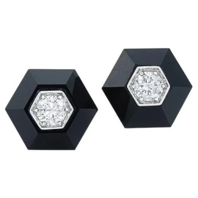 Pre-owned Fred Leighton Signed  Black Jade And Diamond Hexagonal Stud Earrings In Green