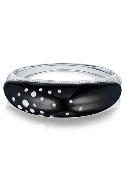 Fred Leighton Signed  Black Jade & Pavé Diamond Bangle Bracelet In Silver